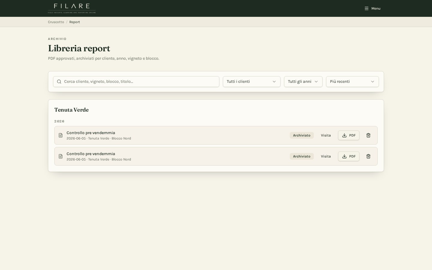 FILARE approved report library organized by client and year
