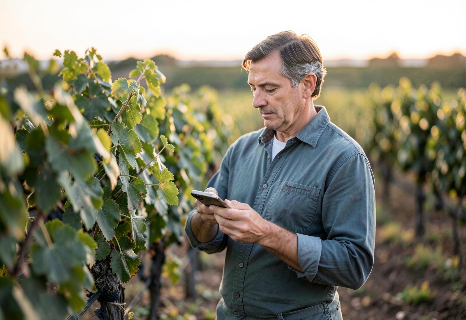 A consultant examining a vine and recording an observation on a phone