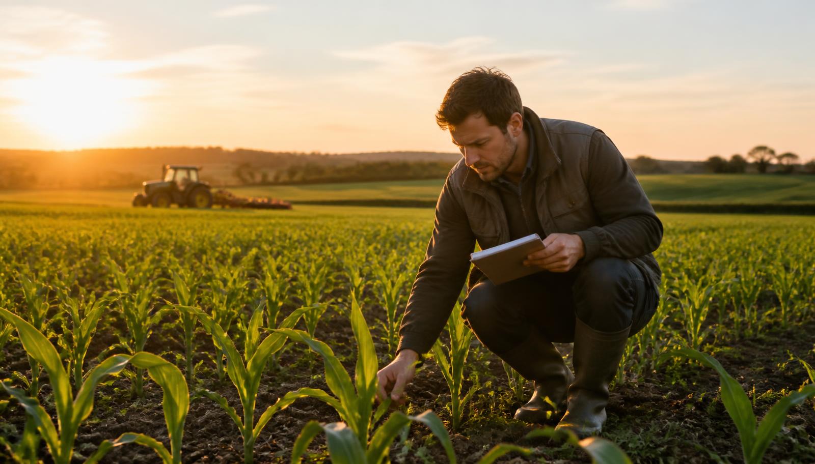 An agronomist inspecting young crops in an open arable field