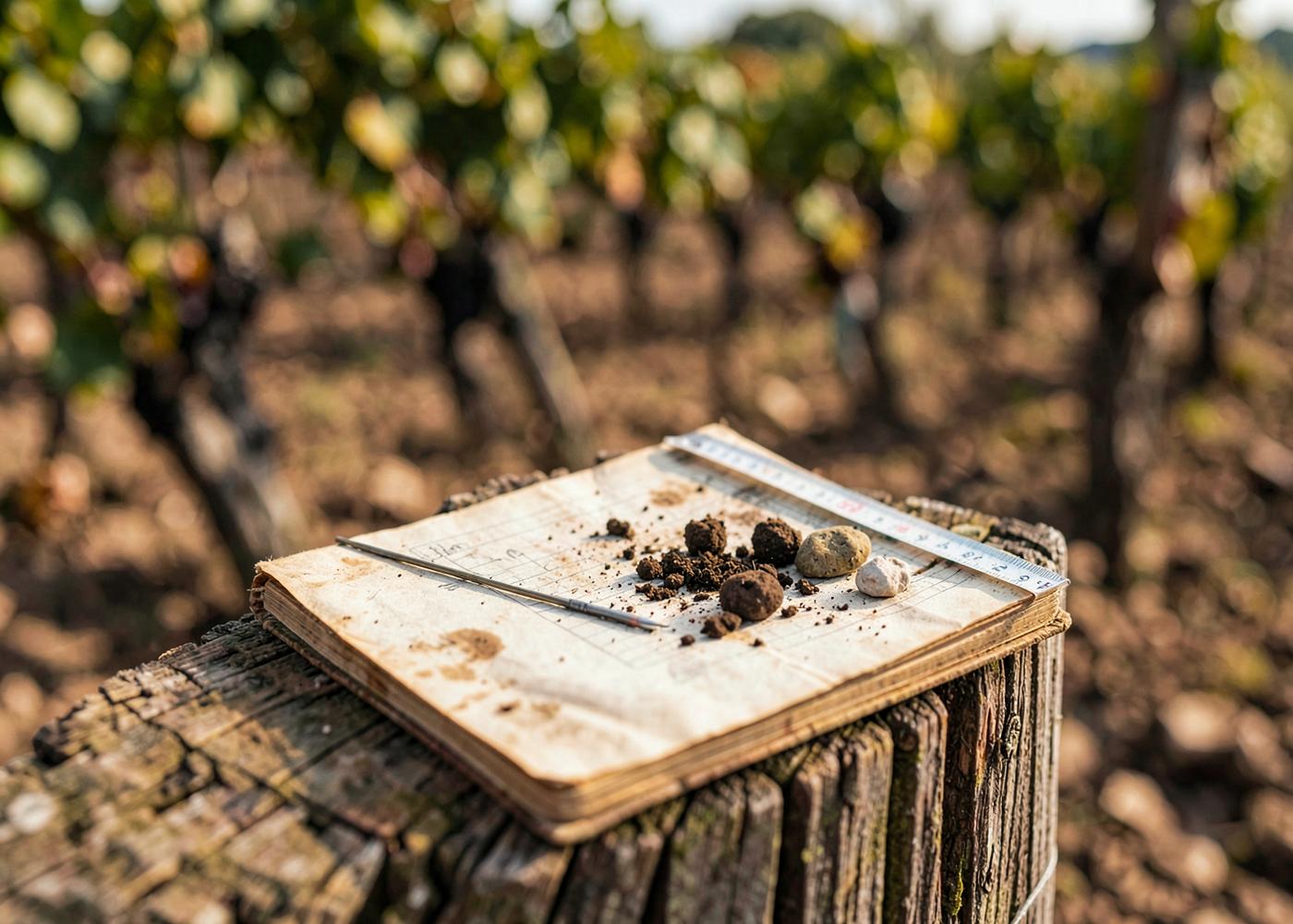 A field notebook, soil samples and a measuring tape on a vineyard post